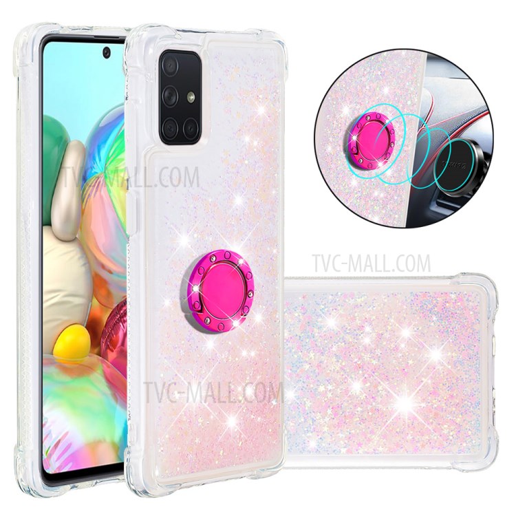 Shockproof Quicksand Ring Kickstand TPU Phone Shell for Samsung Galaxy A71 SM-A715 - Light Pink-1