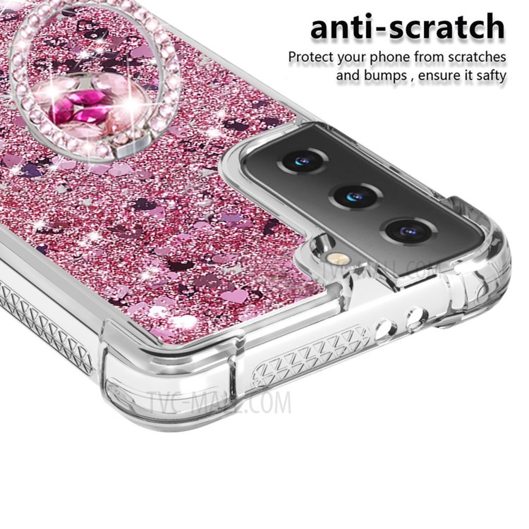 Shockproof Quicksand Ring Kickstand TPU Phone Protective Shell for Samsung Galaxy S21 5G - Red-4
