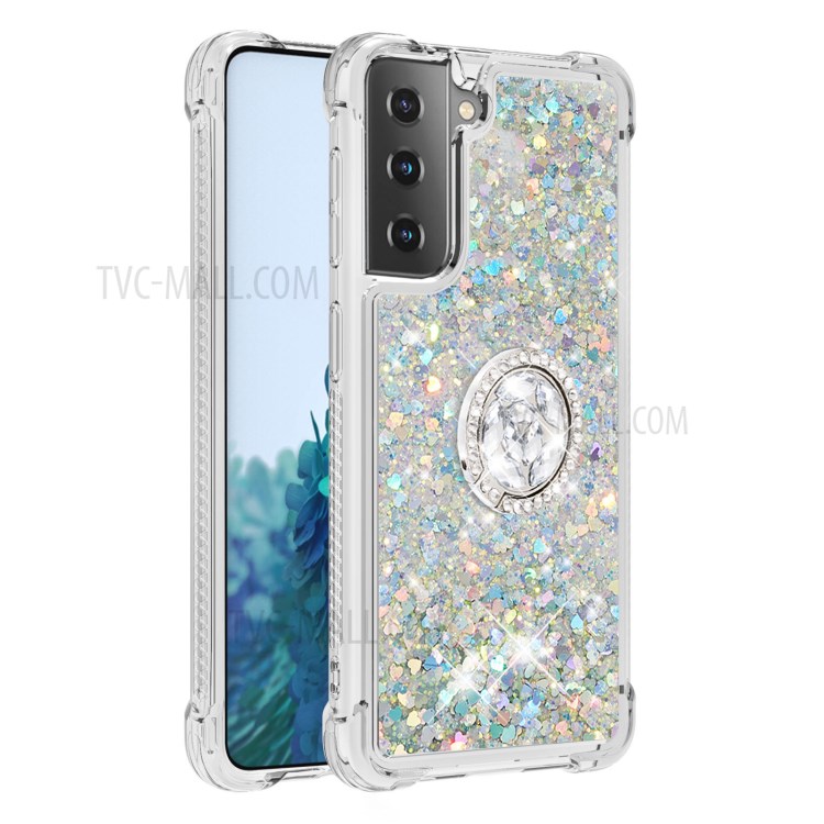 Shockproof Quicksand Ring Kickstand TPU Phone Protective Shell for Samsung Galaxy S21 5G - Light Green-3