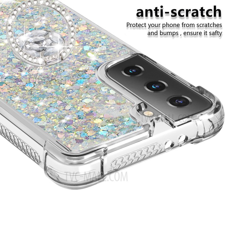 Shockproof Quicksand Ring Kickstand TPU Phone Protective Shell for Samsung Galaxy S21 5G - Light Green-4