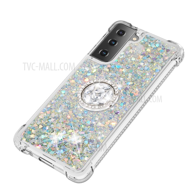 Shockproof Quicksand Ring Kickstand TPU Phone Protective Shell for Samsung Galaxy S21 5G - Light Green-6