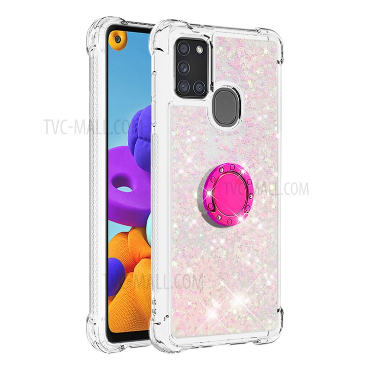 Shockproof Quicksand Kickstand TPU Smartphone Shell for Samsung Galaxy A21s - Light Pink-3