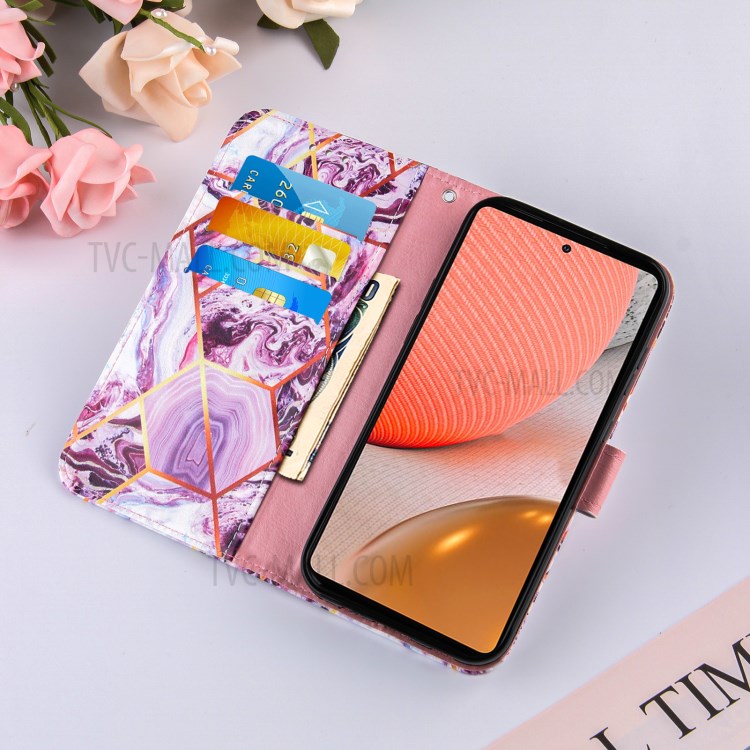 TPU + PU Leather Marble Pattern Splicing Wallet Stand Case for Samsung Galaxy A72 5G - Purple-7
