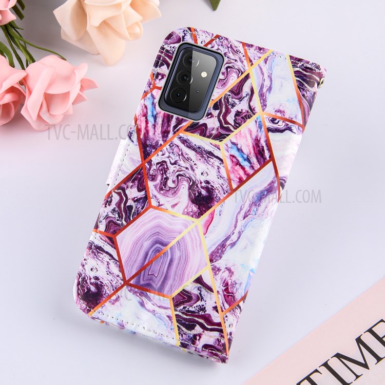 TPU + PU Leather Marble Pattern Splicing Wallet Stand Case for Samsung Galaxy A72 5G - Purple-9