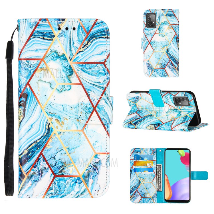 Wallet Stand Design Marble Pattern Splicing TPU + PU Leather Case for Samsung Galaxy A52 5G - Sky Blue-1