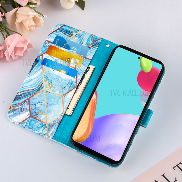 Wallet Stand Design Marble Pattern Splicing TPU + PU Leather Case for Samsung Galaxy A52 5G - Sky Blue-7