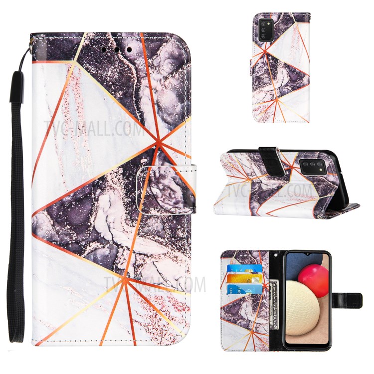 Splicing Marble Pattern Wallet Stand Design TPU + PU Leather Case for Samsung Galaxy A02s (EU Version) - Black / White-1