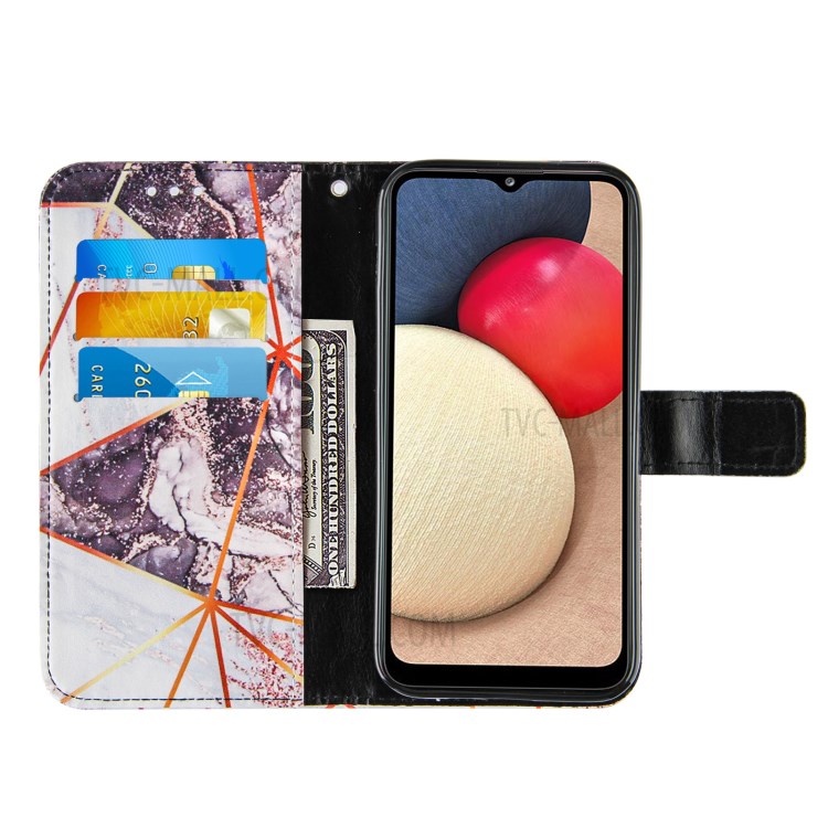 Splicing Marble Pattern Wallet Stand Design TPU + PU Leather Case for Samsung Galaxy A02s (EU Version) - Black / White-5