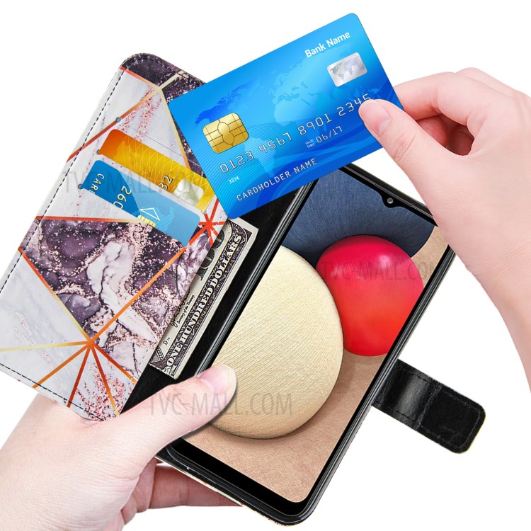 Splicing Marble Pattern Wallet Stand Design TPU + PU Leather Case for Samsung Galaxy A02s (EU Version) - Black / White-6