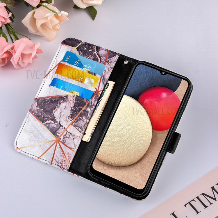 Splicing Marble Pattern Wallet Stand Design TPU + PU Leather Case for Samsung Galaxy A02s (EU Version) - Black / White-7