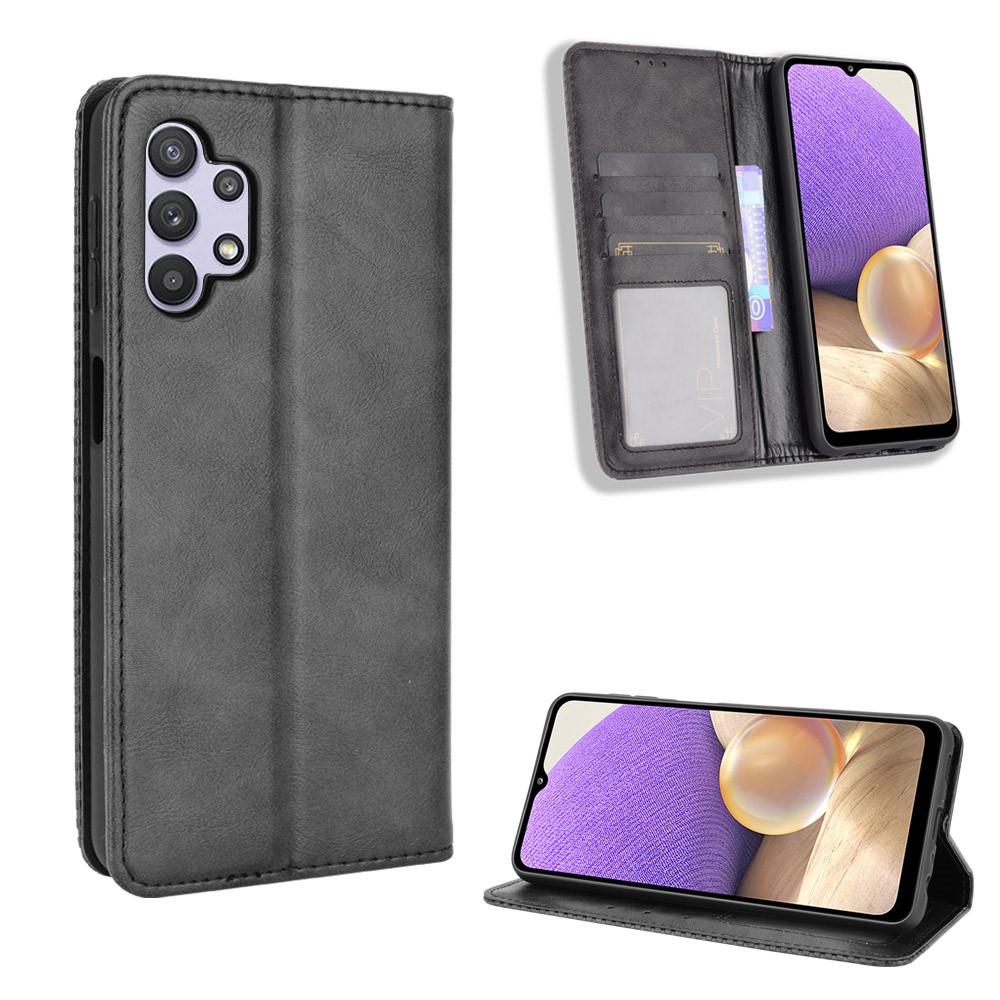 Magnetic Vintage Style Wallet Stand Phone Case Cover for Samsung Galaxy A32 5G - Black-1