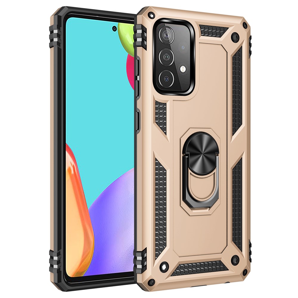 Armor Anti-fall Metal Ring Kickstand Design Hybrid PC TPU Shell for Samsung Galaxy A52 5G - Gold-2