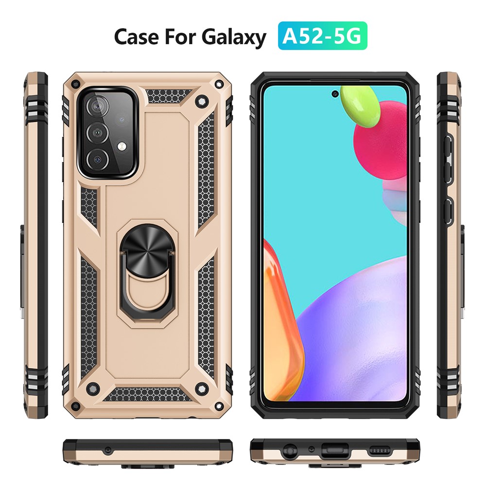 Armor Anti-fall Metal Ring Kickstand Design Hybrid PC TPU Shell for Samsung Galaxy A52 5G - Gold-3