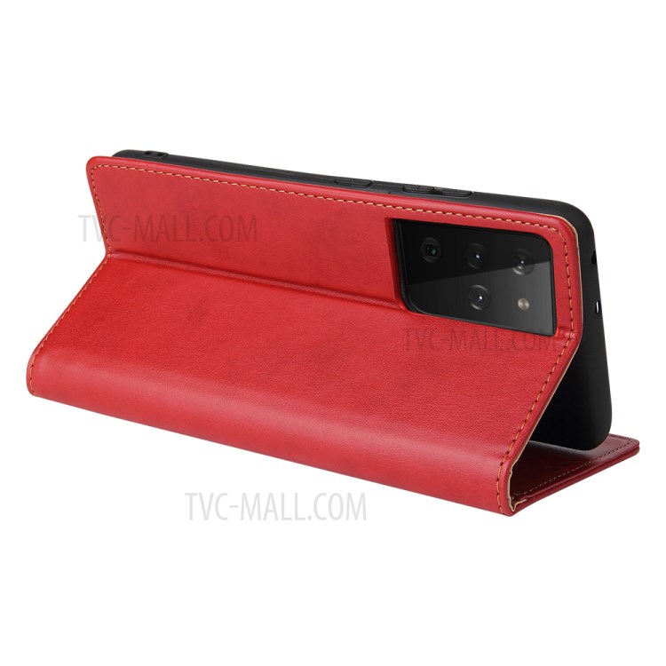 TPU + PU Leather Stand Wallet Cell Phone Protective Shell for Samsung Galaxy S21 Ultra 5G - Red-4