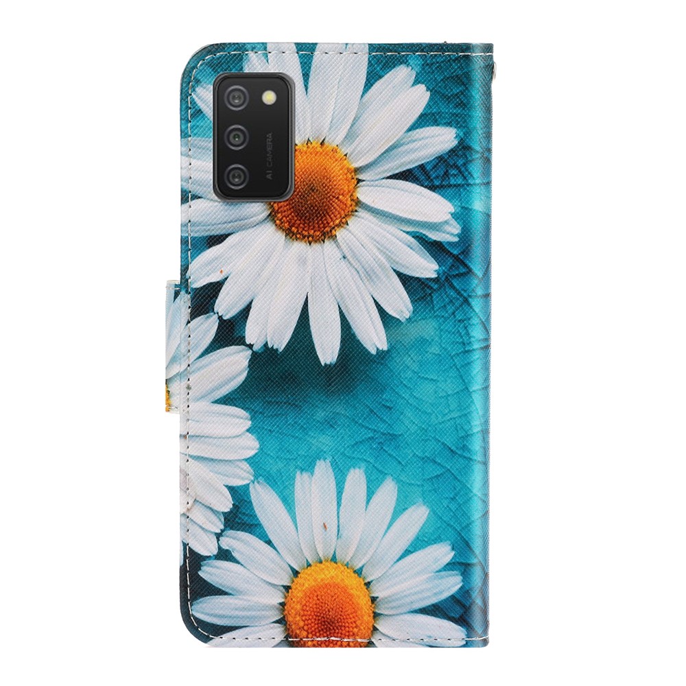Pattern Printing TPU + PU Leather Wallet Stand Phone Case with Lanyard for Samsung Galaxy A02s (EU Version) - Chrysanthemum-2