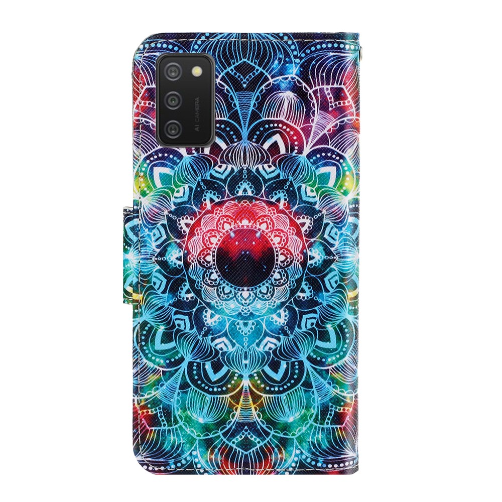 Pattern Printing TPU + PU Leather Wallet Stand Phone Case with Lanyard for Samsung Galaxy A02s (EU Version) - Mandala Flower-2