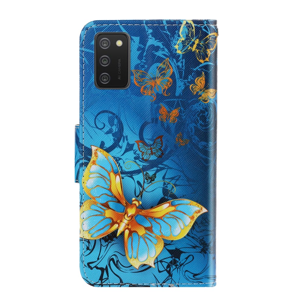 Pattern Printing TPU + PU Leather Wallet Stand Phone Case with Lanyard for Samsung Galaxy A02s (EU Version) - Blue Butterfly-2