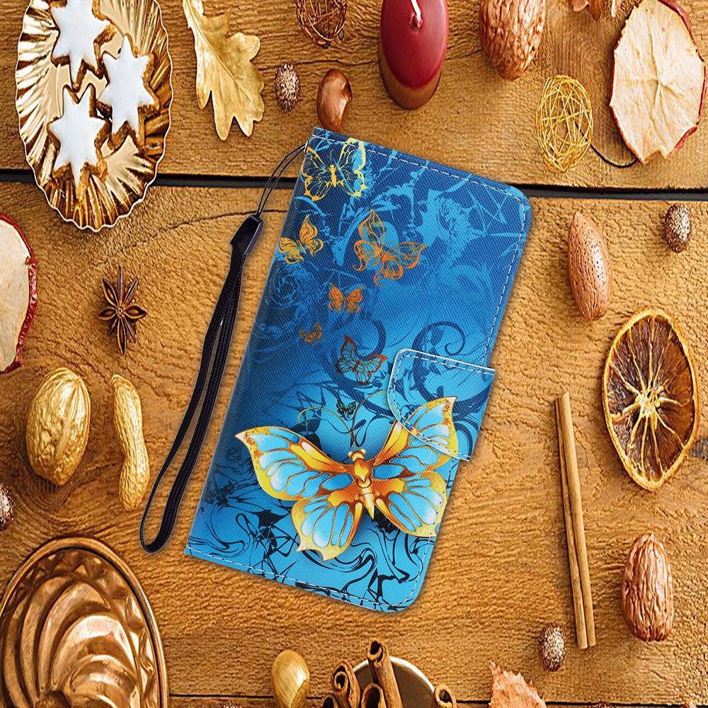 Pattern Printing TPU + PU Leather Wallet Stand Phone Case with Lanyard for Samsung Galaxy A02s (EU Version) - Blue Butterfly-5