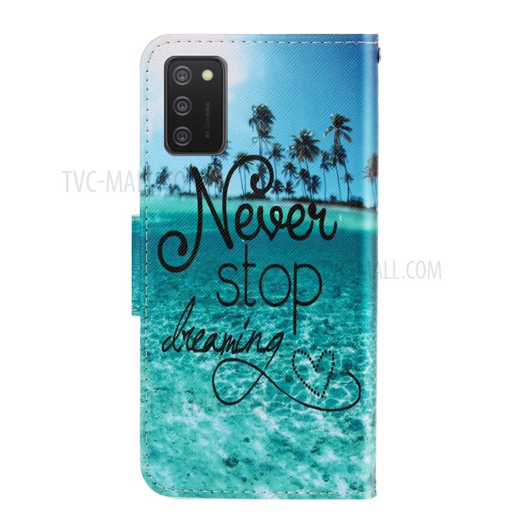 Pattern Printing TPU + PU Leather Wallet Stand Phone Case with Lanyard for Samsung Galaxy A02s (EU Version) - Never Stop Dreaming-2