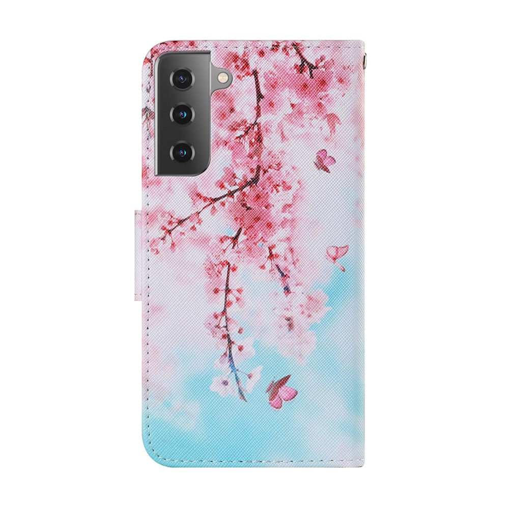 Pattern Printing TPU + PU Leather Wallet Stand Phone Case with Lanyard for Samsung Galaxy S21+ 5G - Pink Flower-2