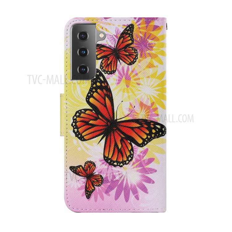 Pattern Printing TPU + PU Leather Wallet Stand Phone Case with Lanyard for Samsung Galaxy S21+ 5G - Flower and Butterfly-2