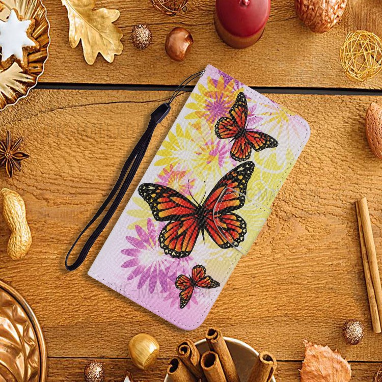 Pattern Printing TPU + PU Leather Wallet Stand Phone Case with Lanyard for Samsung Galaxy S21+ 5G - Flower and Butterfly-5