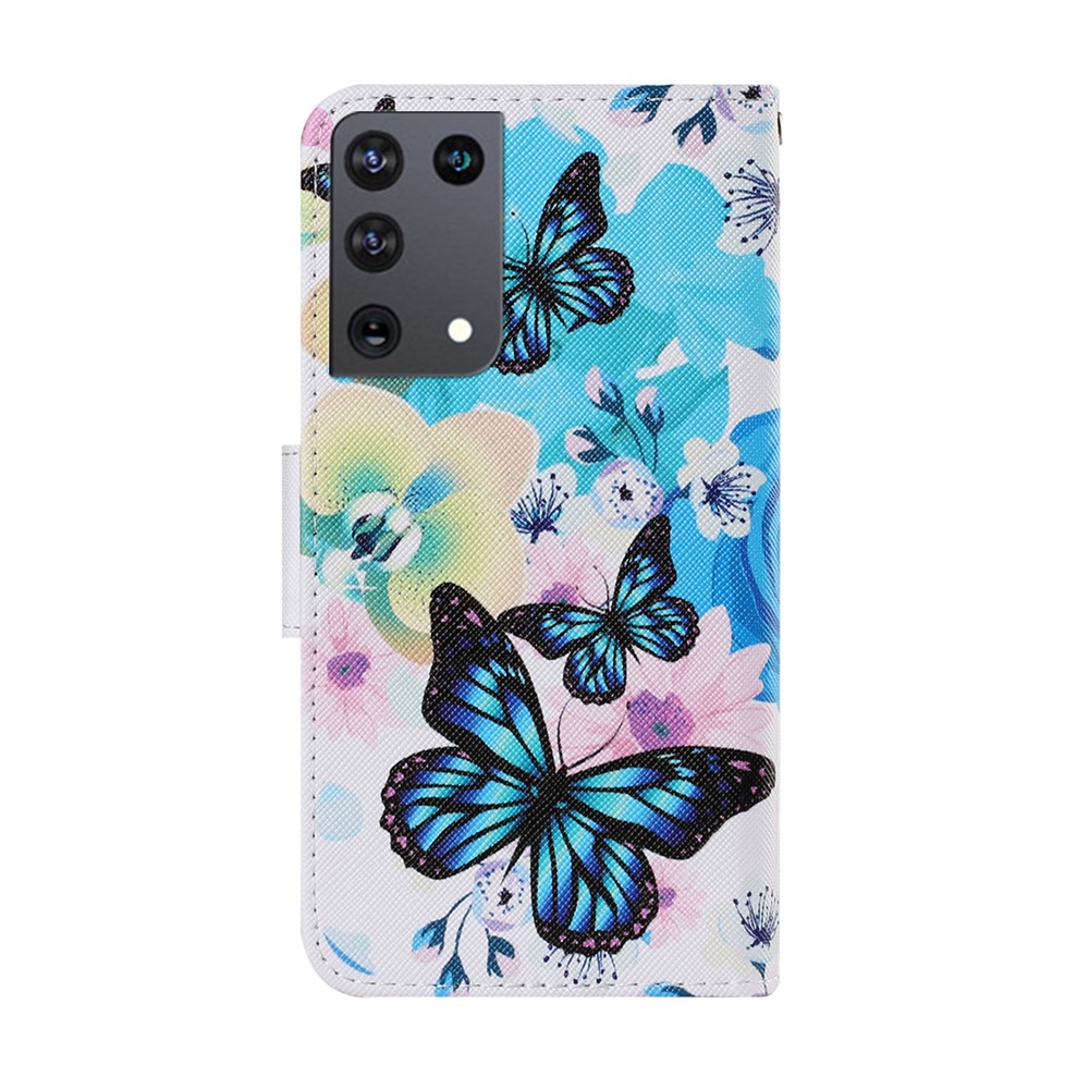 Pattern Printing TPU + PU Leather Wallet Stand Phone Case with Lanyard for Samsung Galaxy S21 Ultra 5G - Blue Butterfly-2