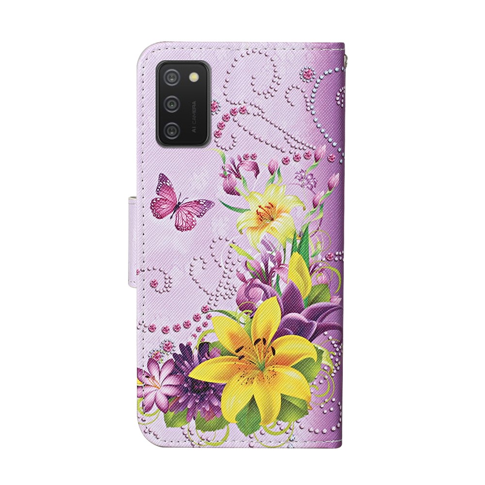 Pattern Printing Design PU Leather Wallet Phone Stand Case with Strap for Samsung Galaxy A02s (EU Version) - Yellow Flower-2