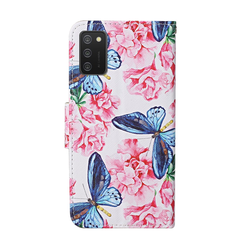 Pattern Printing Design PU Leather Wallet Phone Stand Case with Strap for Samsung Galaxy A02s (EU Version) - Flower and Butterfly-2