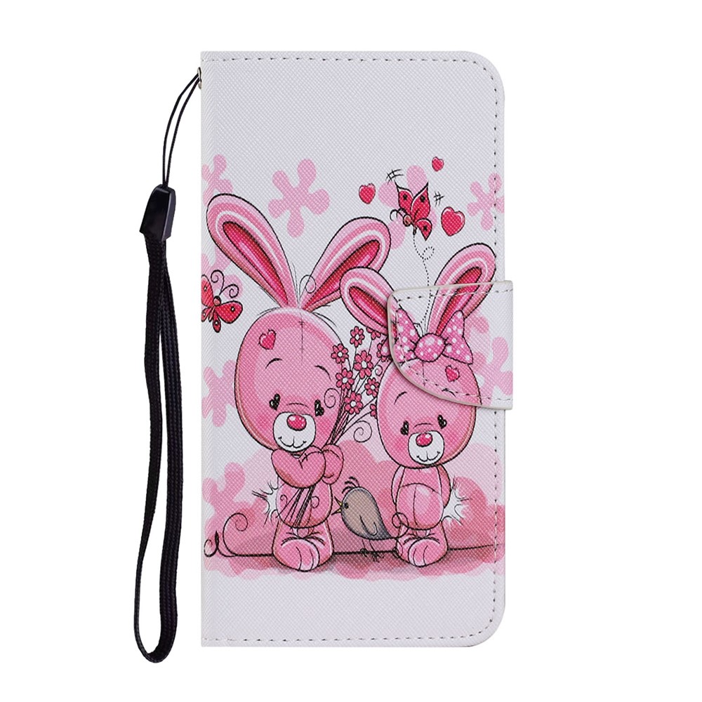 Pattern Printing TPU + PU Leather Wallet Stand Phone Case with Lanyard for Samsung Galaxy S21 5G - Rabbit-1
