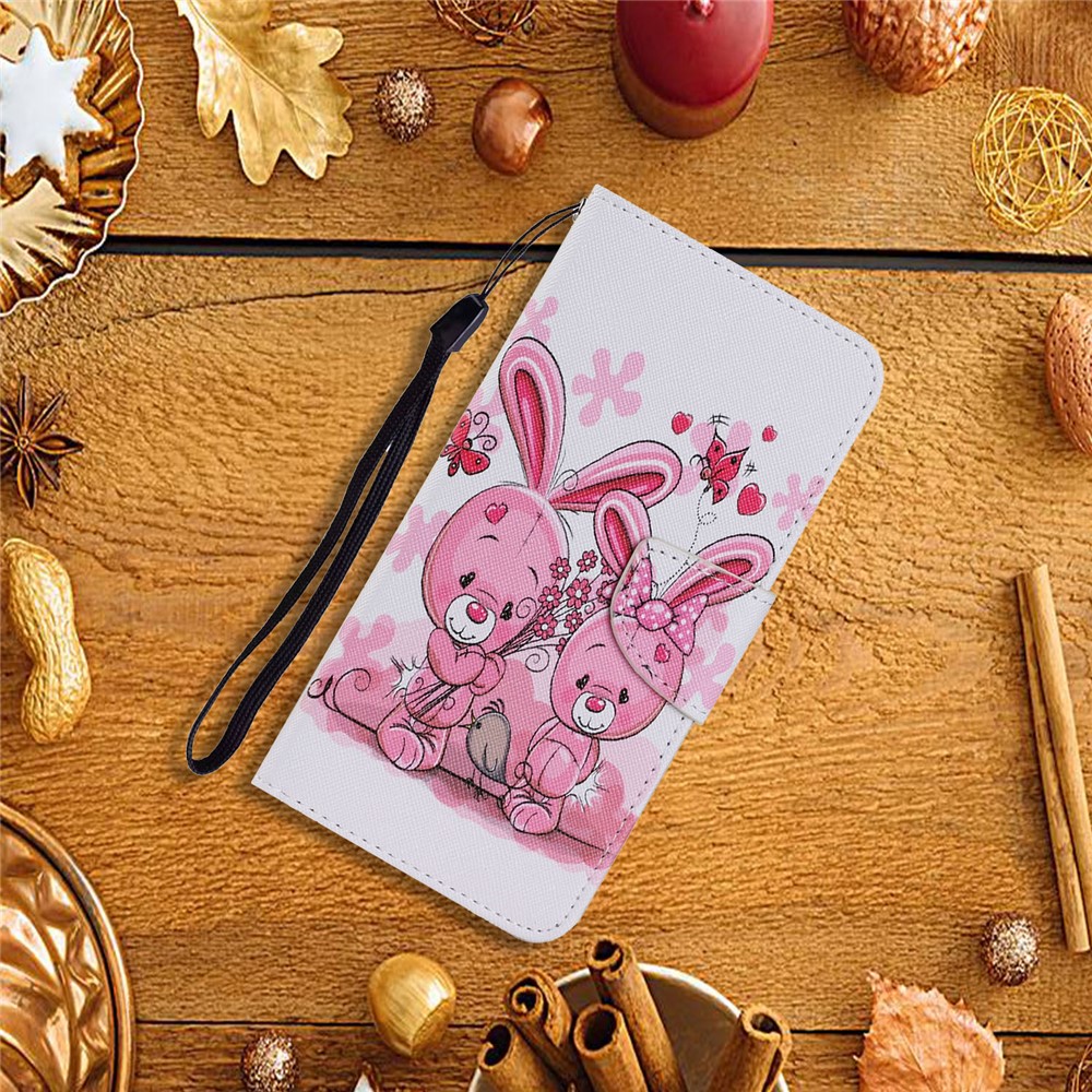 Pattern Printing TPU + PU Leather Wallet Stand Phone Case with Lanyard for Samsung Galaxy S21 5G - Rabbit-5