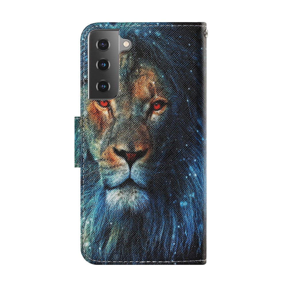 Pattern Printing TPU + PU Leather Wallet Stand Phone Case with Lanyard for Samsung Galaxy S21 5G - Lion-2