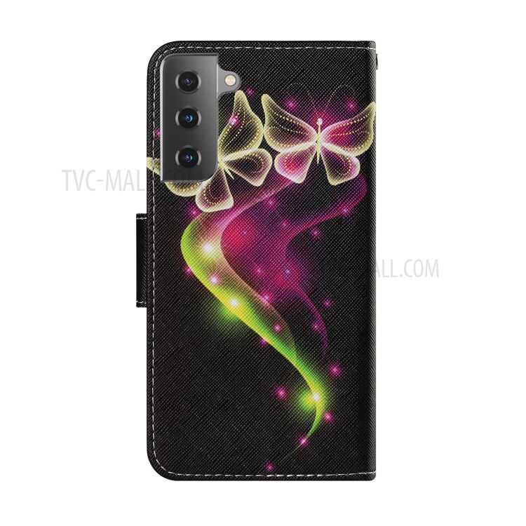 Pattern Printing TPU + PU Leather Wallet Stand Phone Case with Lanyard for Samsung Galaxy S21 5G - Beautiful Butterfly-2