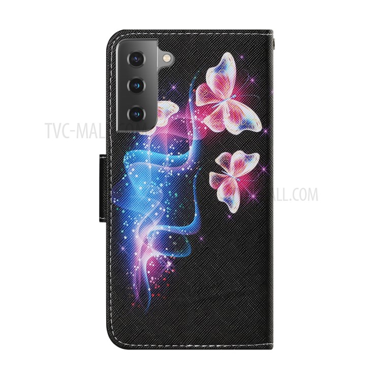 Pattern Printing TPU + PU Leather Wallet Stand Phone Case with Lanyard for Samsung Galaxy S21 5G - Pink Butterfly-2
