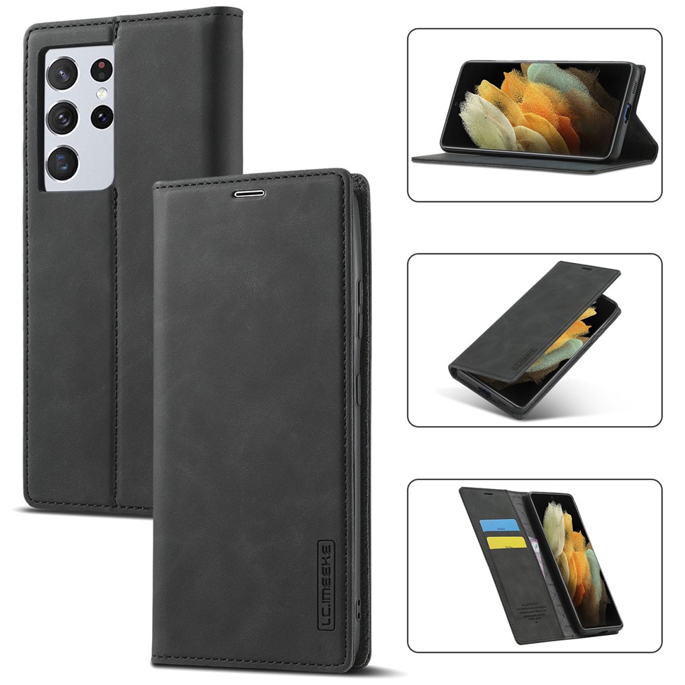 LC.IMEEKE Strong Magnetic Auto-absorbed Business Style Leather Phone Shell for Samsung Galaxy S21 Ultra 5G - Black-1
