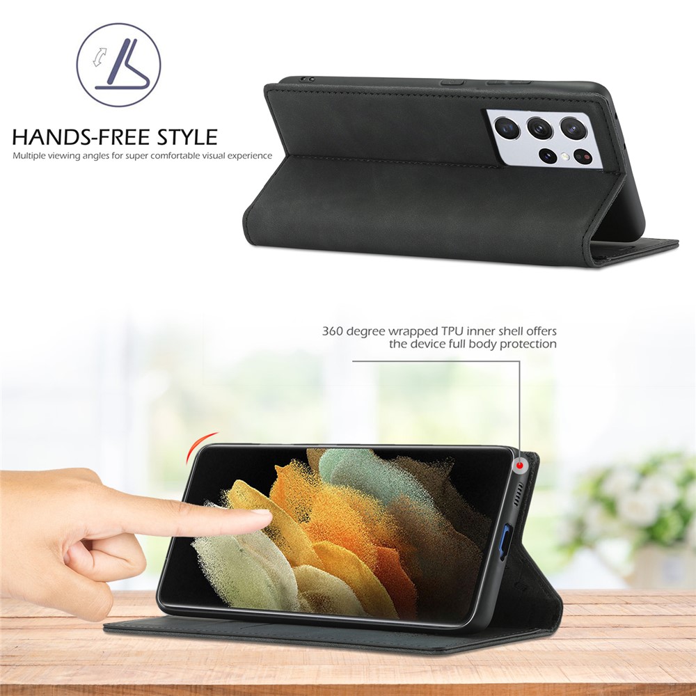 LC.IMEEKE Strong Magnetic Auto-absorbed Business Style Leather Phone Shell for Samsung Galaxy S21 Ultra 5G - Black-10