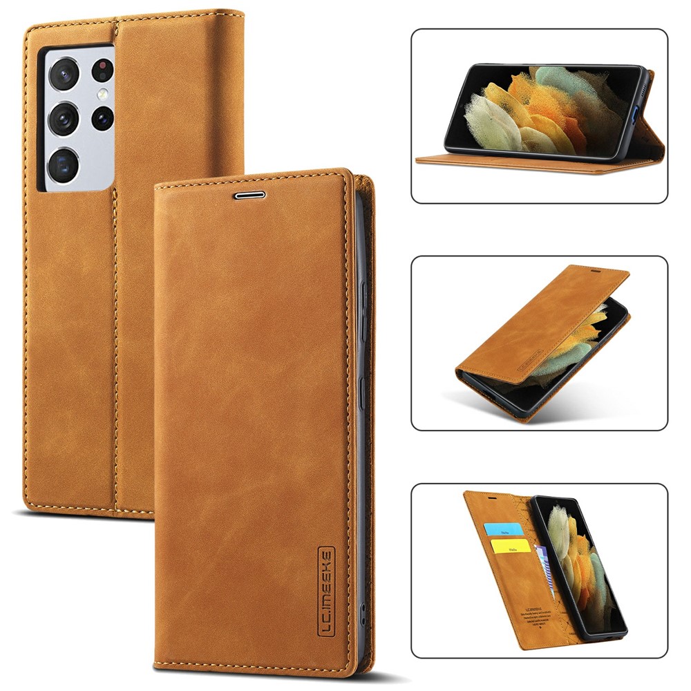 LC.IMEEKE Strong Magnetic Auto-absorbed Business Style Leather Phone Shell for Samsung Galaxy S21 Ultra 5G - Brown-1