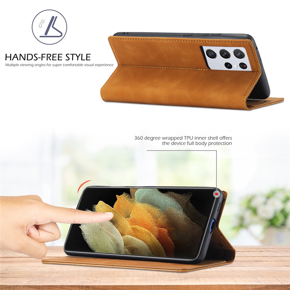 LC.IMEEKE Strong Magnetic Auto-absorbed Business Style Leather Phone Shell for Samsung Galaxy S21 Ultra 5G - Brown-10