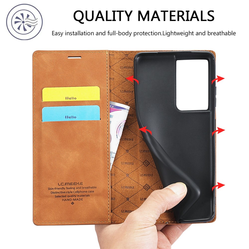 LC.IMEEKE Strong Magnetic Auto-absorbed Business Style Leather Phone Shell for Samsung Galaxy S21 Ultra 5G - Brown-11