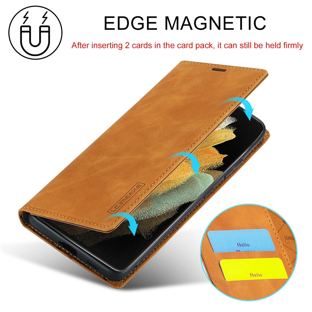 LC.IMEEKE Strong Magnetic Auto-absorbed Business Style Leather Phone Shell for Samsung Galaxy S21 Ultra 5G - Brown-12