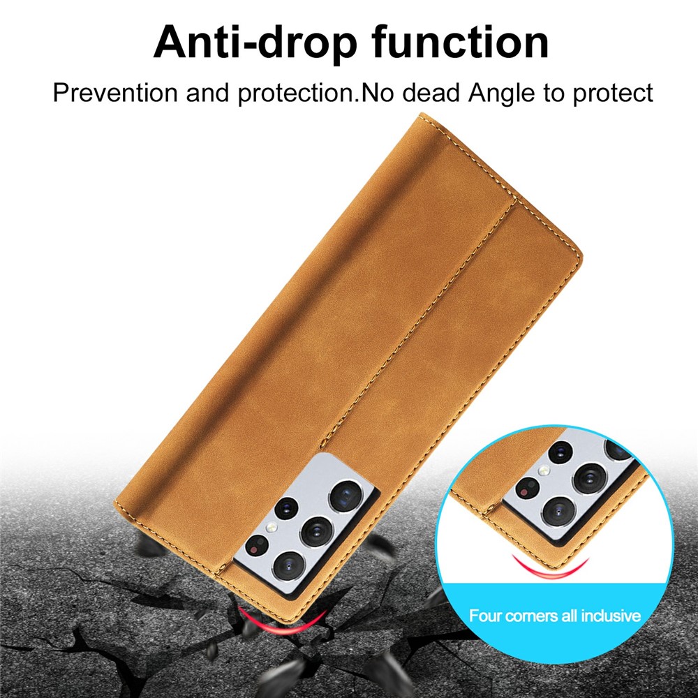 LC.IMEEKE Strong Magnetic Auto-absorbed Business Style Leather Phone Shell for Samsung Galaxy S21 Ultra 5G - Brown-13