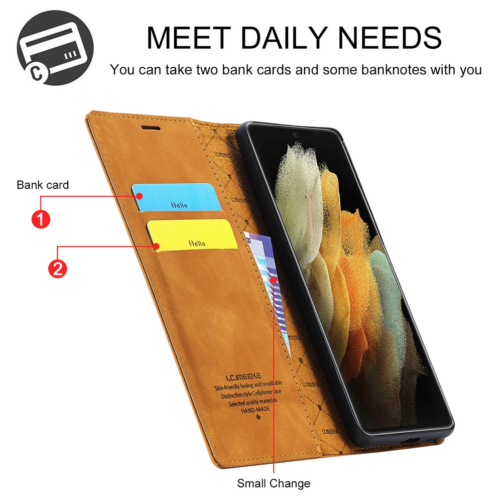 LC.IMEEKE Strong Magnetic Auto-absorbed Business Style Leather Phone Shell for Samsung Galaxy S21 Ultra 5G - Brown-14