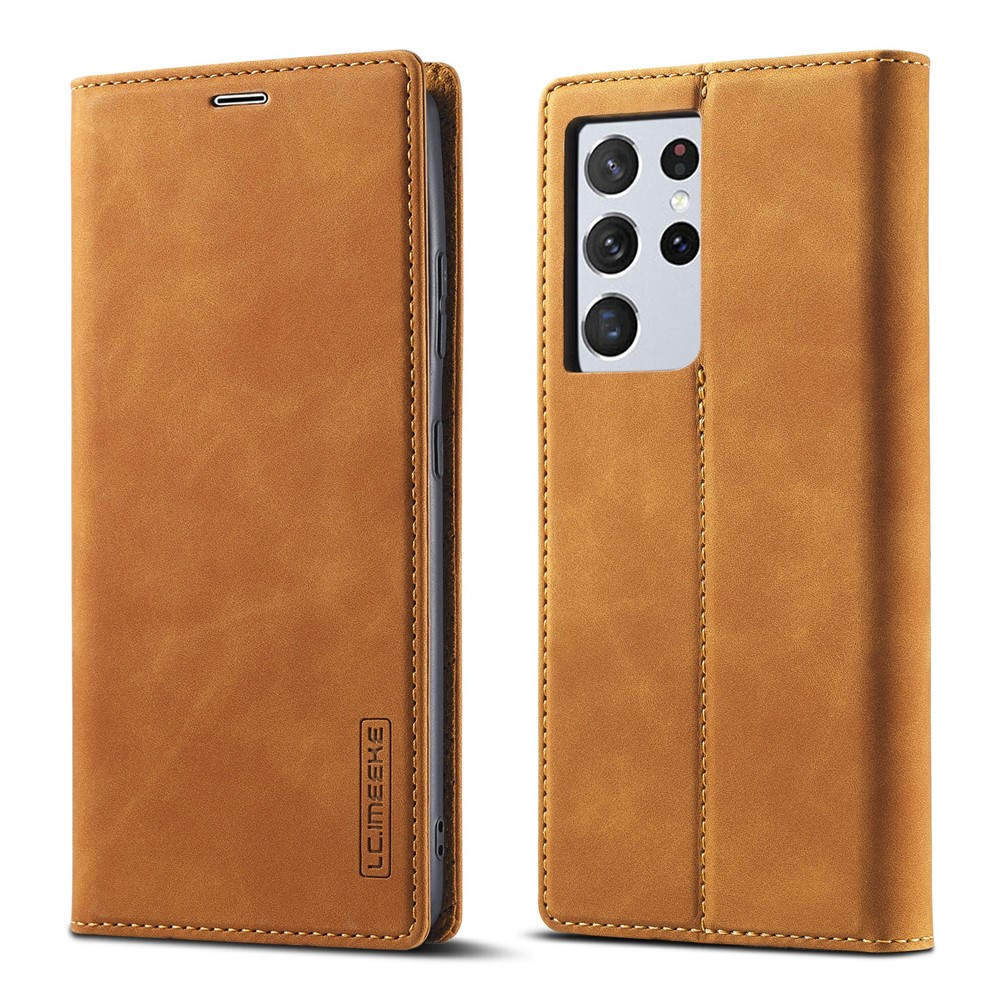 LC.IMEEKE Strong Magnetic Auto-absorbed Business Style Leather Phone Shell for Samsung Galaxy S21 Ultra 5G - Brown-2