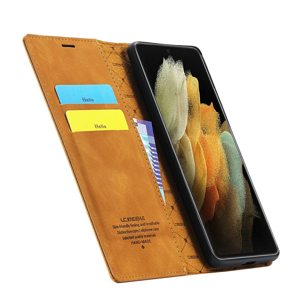 LC.IMEEKE Strong Magnetic Auto-absorbed Business Style Leather Phone Shell for Samsung Galaxy S21 Ultra 5G - Brown-6
