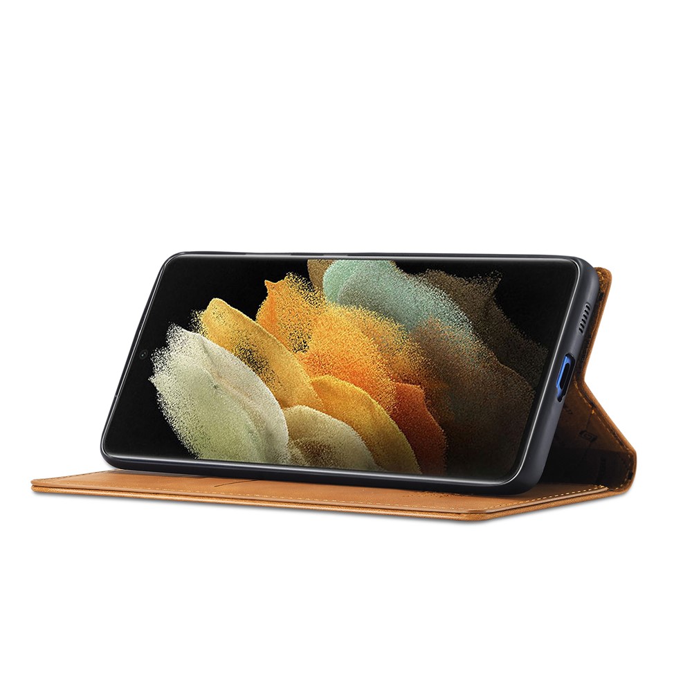 LC.IMEEKE Strong Magnetic Auto-absorbed Business Style Leather Phone Shell for Samsung Galaxy S21 Ultra 5G - Brown-7