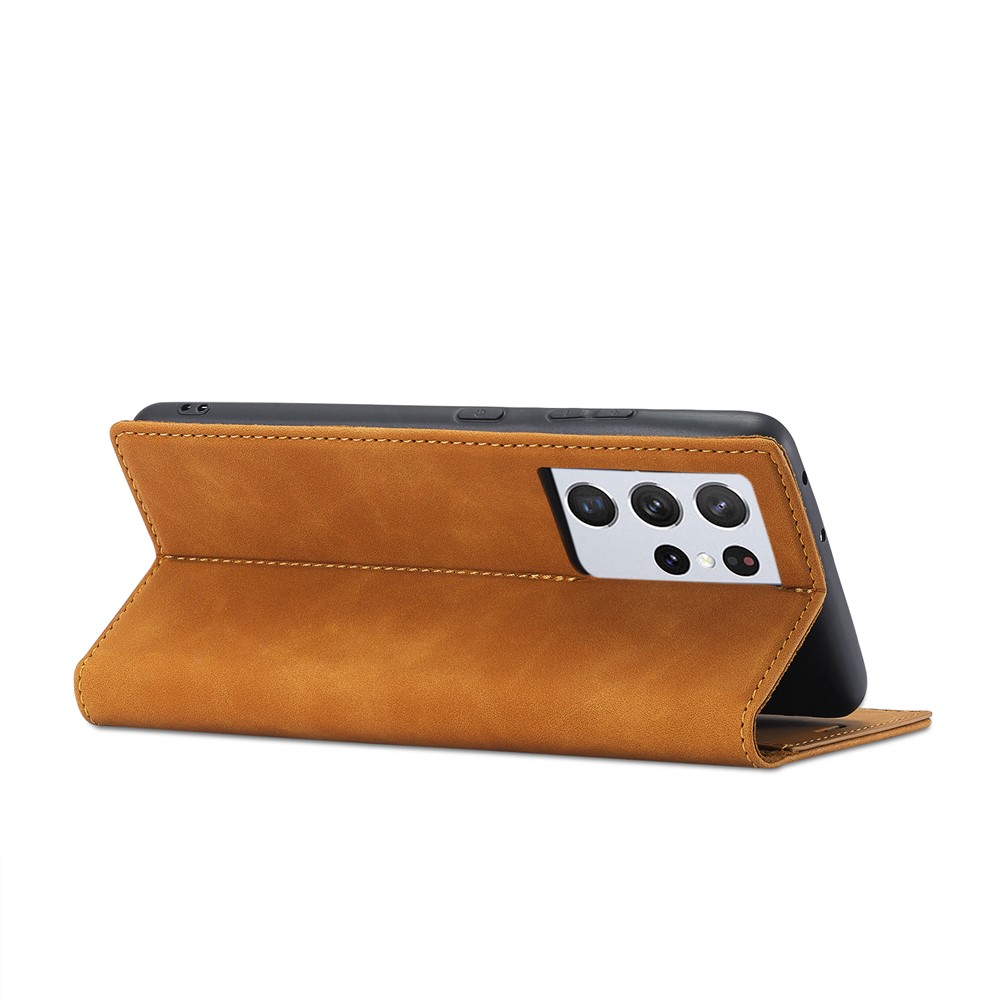 LC.IMEEKE Strong Magnetic Auto-absorbed Business Style Leather Phone Shell for Samsung Galaxy S21 Ultra 5G - Brown-8