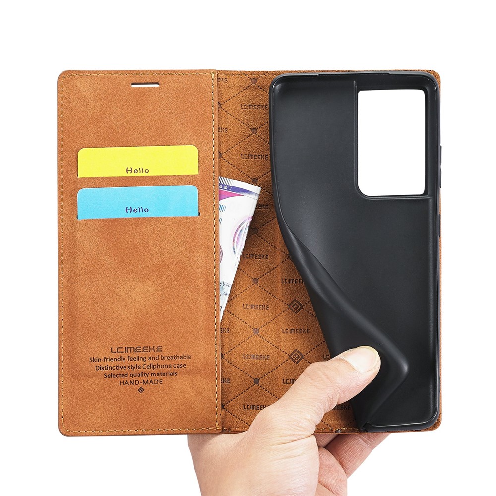 LC.IMEEKE Strong Magnetic Auto-absorbed Business Style Leather Phone Shell for Samsung Galaxy S21 Ultra 5G - Brown-9
