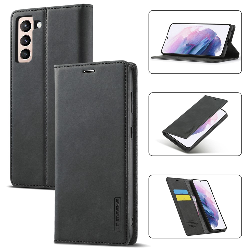 LC.IMEEKE Strong Auto-absorbed Magnetic Edge Business Style Leather Phone Cover for Samsung Galaxy S21 5G - Black-1