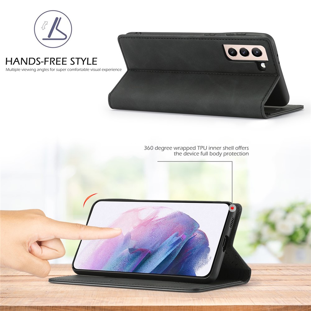 LC.IMEEKE Strong Auto-absorbed Magnetic Edge Business Style Leather Phone Cover for Samsung Galaxy S21 5G - Black-10