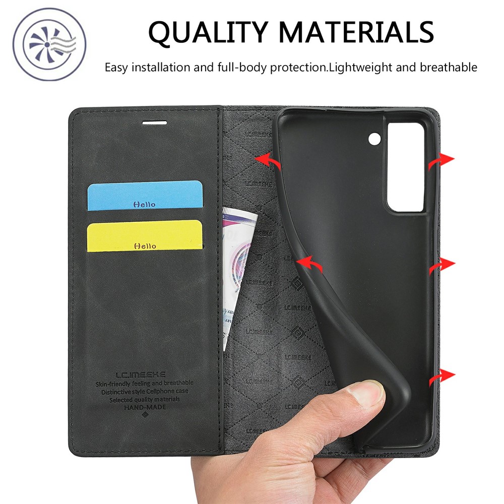 LC.IMEEKE Strong Auto-absorbed Magnetic Edge Business Style Leather Phone Cover for Samsung Galaxy S21 5G - Black-11